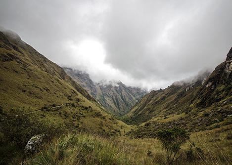 Clouds covering the mountain peaks at Dead Woman's Pass, the highest point on the Inca Trail.