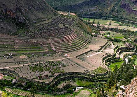 An aerial view of Llactapata, one of several impressive sites you can visit on the Inca Trail.