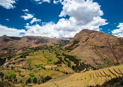 Agricultural terraces at the Pisac ruins, overlooking the landscapes of the Sacred Valley.