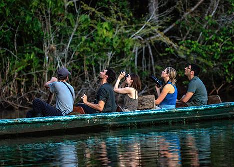 A group of visitors watching for wildlife from a small boat in the Amazon Rainforest.