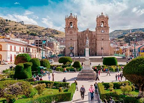 Visitors walking through the Plaza de Armas in Puno, the largest city on Lake Titicaca.