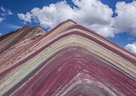 The brightly-colored stripes of Rainbow Mountain in Cusco, known locally as Vinicunca.