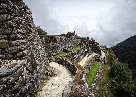 Inca-built stone walls at Sayacmarca, one of the ruins located along the Inca Trail.
