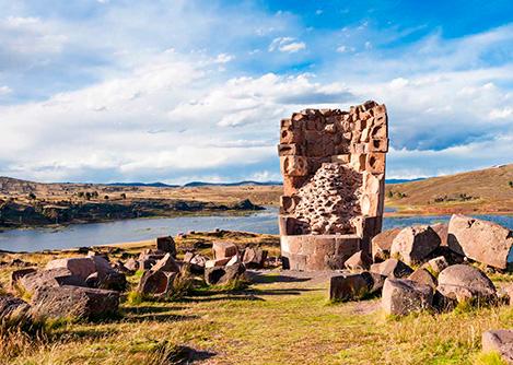 The ruins of Sillustani, a pre-Incan burial site, next to Lake Umayo near the city of Puno
