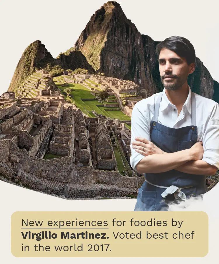 Collage showing Machu Picchu and Virgilio Martinez, one of the world's top chefs.