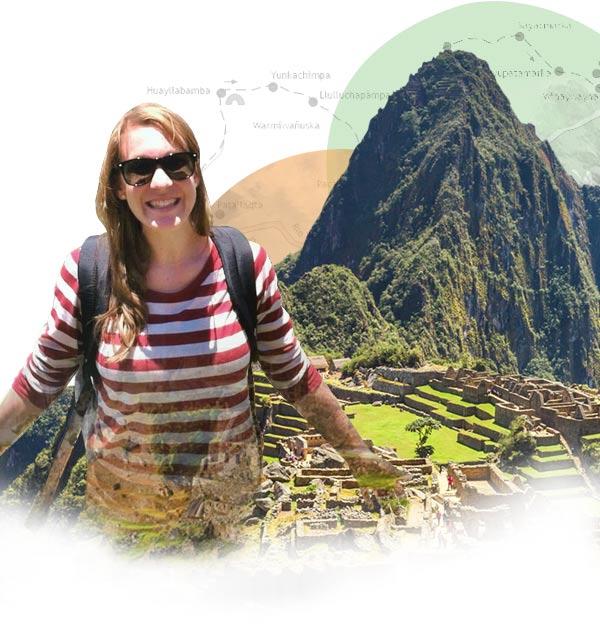 Collage showing a tourist with a backpack, a view of Machu Picchu, and a map of the Sacred Valley.