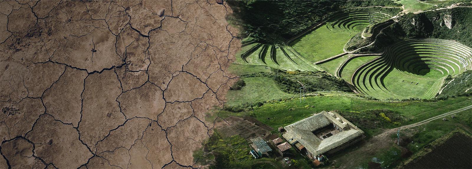 A collage showing a section of cracked earth next to Mil Centro restaurant and the Moray ruins.