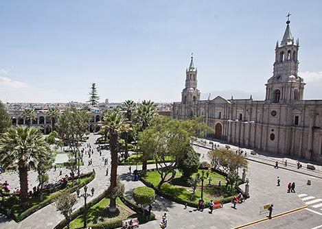 Aerial view of the Basilica Cathedral of Arequipa overlooking the Plaza de Armas.