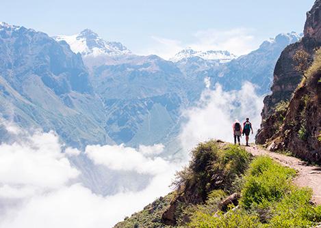 Two hikers walking along a cliffside path in Colca Canyon, the second deepest canyon in the world.