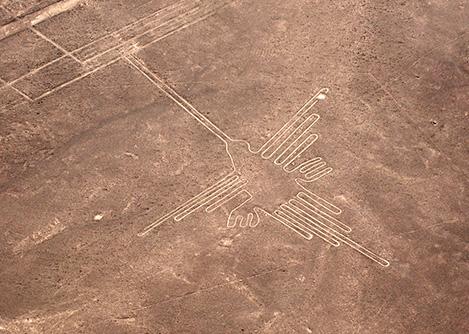 The Hummingbird, one of the geoglyphs found at the enigmatic Nazca Lines, as seen from the air.