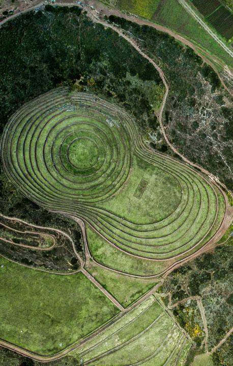 One set of the famous concentric circles found at the Moray ruins, as seen from above.