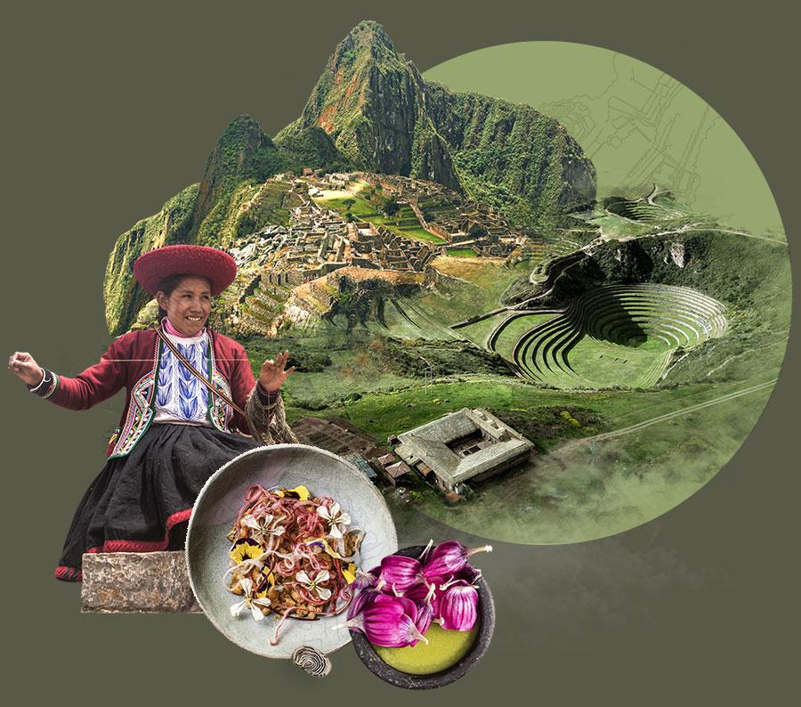 Collage showing Machu Picchu, several Peruvian dishes, and a traveler taking a photo.