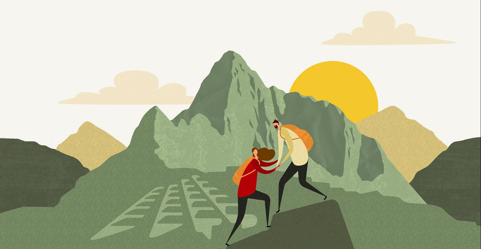 A cartoon man and a woman climbing up a rock with a cartoon version of Machu Picchu behind them