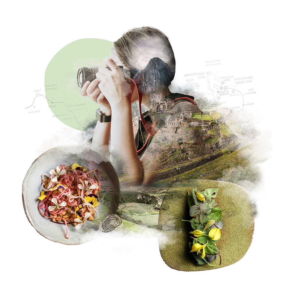Collage showing Machu Picchu, several Peruvian dishes, and a traveler taking a photo.