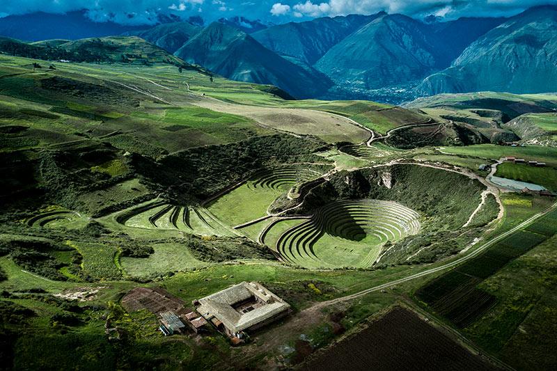 Aerial view of Mil Centro and the nearby Moray ruins, a series of mysterious concentric circles.