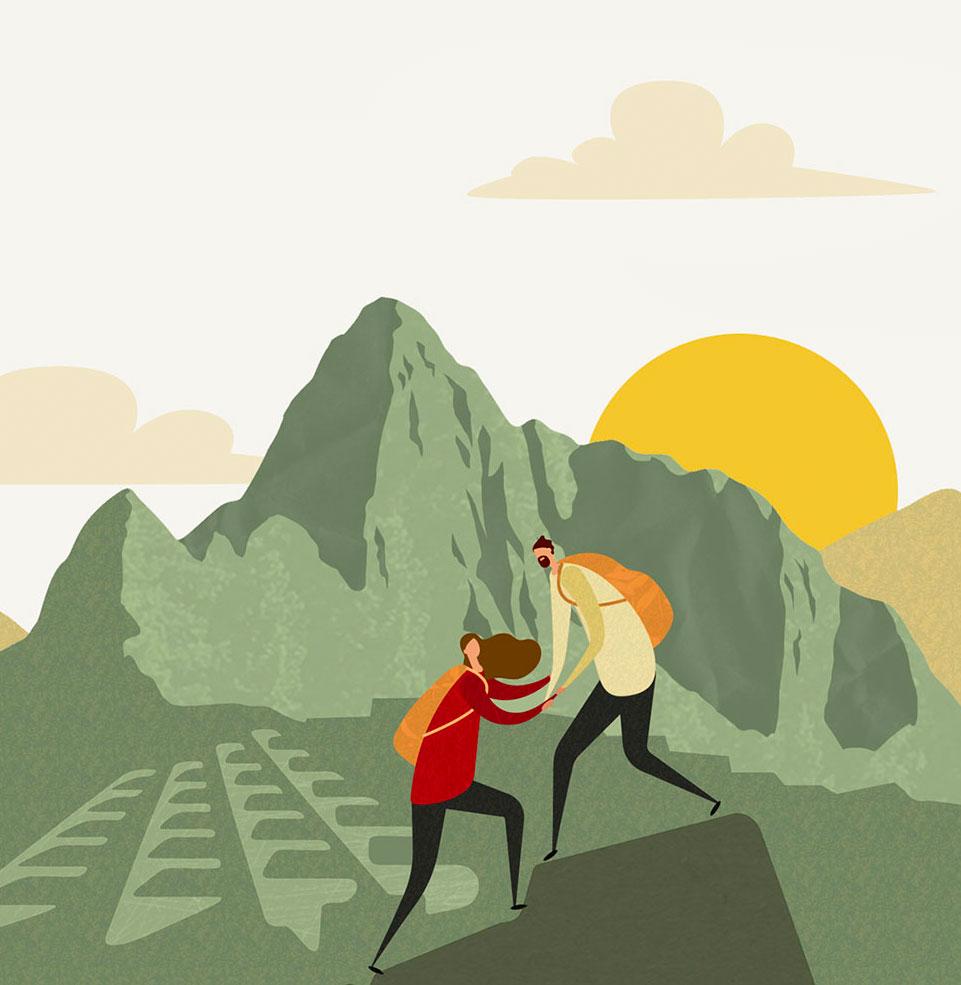 A cartoon man and a woman climbing up a rock with a cartoon version of Machu Picchu behind them